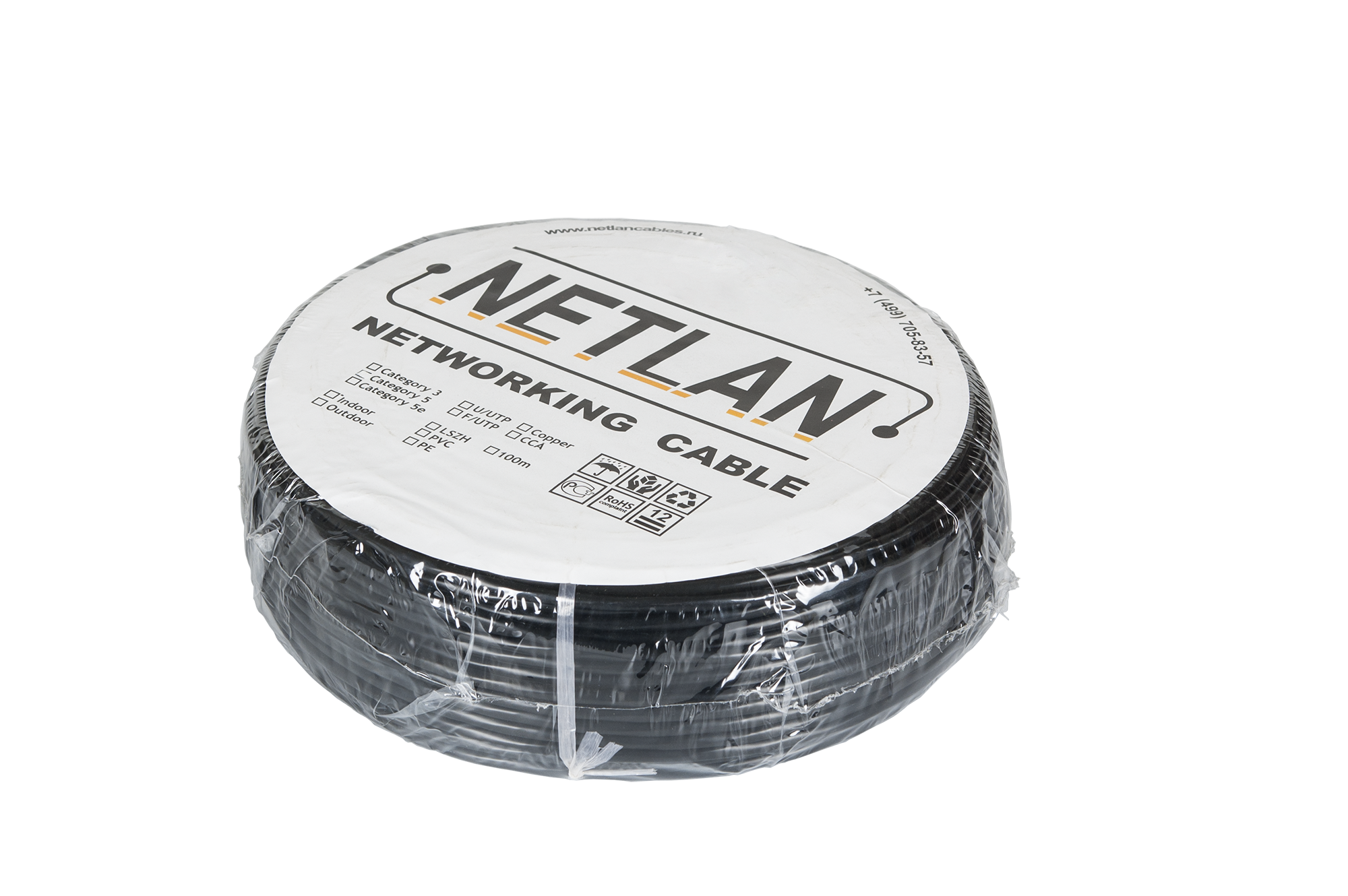 Кабель витая пара Netlan U/UTP 4 пары, Кат.5е, медный, внешний, PE, черный, 100м